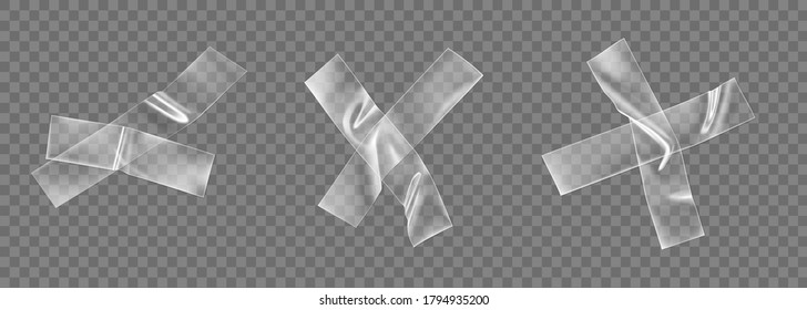 Transparent adhesive plastic tape cross set isolated on transparent background. Crumpled glue plastic sticky tape cross for photo and paper fixture. Realistic wrinkled strips isolated 3d vector