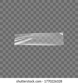 Cinta de plástico adhesiva transparente aislada sobre fondo transparente. Cinta pegajosa de plástico de pegamento de pegamento en bruto para la fijación de fotos y papel. Las tiras arrugadas realistas aislan la ilustración vectorial 3d.