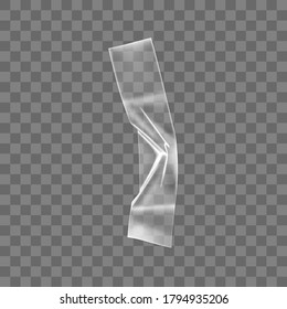 Transparentes Klebeband aus Kunststoff einzeln auf transparentem Hintergrund. Krummbares Klebeband aus Kunststoff für Foto- und Papierbefestigung. Realistische Streifen einzeln auf 3D-Vektorgrafik