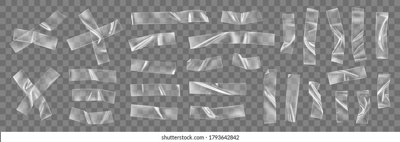 Transparent adhesive plastic tape pieces and cross for fixing isolated on transparent background. Crumpled glue plastic sticky tape for photo and paper fixture. 3d realistic wrinkled strips vector - Shutterstock ID 1793642842
