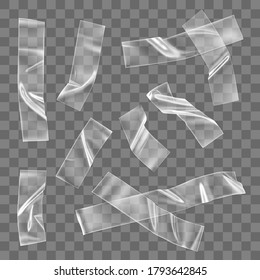Transparent adhesive plastic tape pieces and cross for fixing isolated on transparent background. Crumpled glue plastic sticky tape for photo and paper fixture. 3d realistic wrinkled strips vector