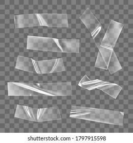 Transparent adhesive plastic tape pieces and cross for fixing isolated on transparent background. Crumpled glue plastic sticky tape for photo and paper fixture. 3d realistic wrinkled strips vector
