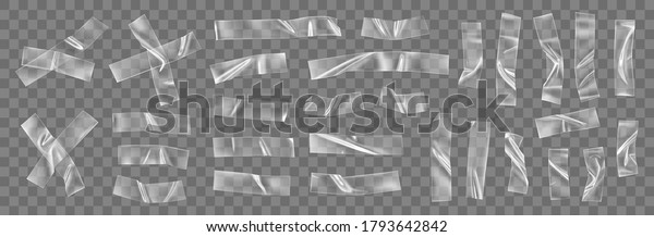 Transparent adhesive plastic tape pieces and cross\
for fixing isolated on transparent background. Crumpled glue\
plastic sticky tape for photo and paper fixture. 3d realistic\
wrinkled strips\
vector