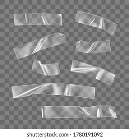 Transparent adhesive plastic tape set isolated on transparent background. Crumpled glue plastic sticky tape for photo and paper fixture. Realistic wrinkled strips isolated 3d vector illustration.