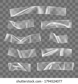 Transparent adhesive plastic tape set isolated on transparent background. Crumpled glue plastic sticky tape for photo and paper fixture. Realistic wrinkled strips isolated 3d vector illustration