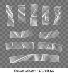 Transparent adhesive plastic tape set isolated on transparent background. Crumpled glue plastic sticky tape for photo and paper fixture. Realistic wrinkled strips isolated 3d vector illustration