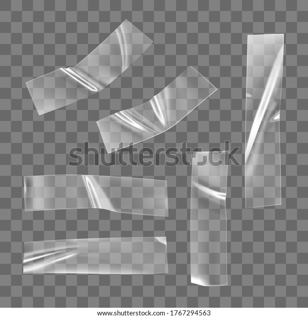 Transparent adhesive plastic tape set\
isolated on transparent background. Crumpled glue plastic sticky\
tape for photo and paper fixture. Realistic wrinkled strips\
isolated 3d vector\
illustration