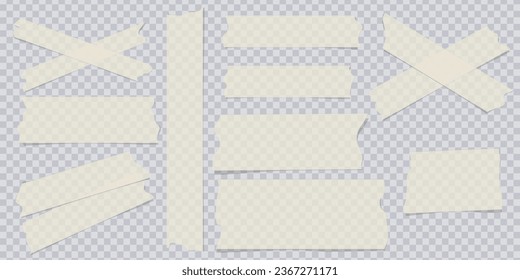 Transparent adhesive tape and adhesive sellotape. Sticky tapes with torn edges, adhesives piece of white taped. Sticky scotch, duct paper strips on checkered background. Realistic vector illustration