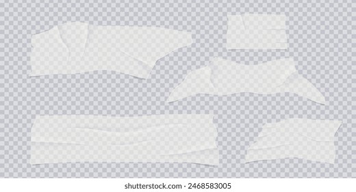 Transparent adhesive tape and adhesive sellotape. Sticky tapes with torn edges, adhesives piece of white taped. Sticky scotch, duct paper strips on checkered background. Realistic vector illustration