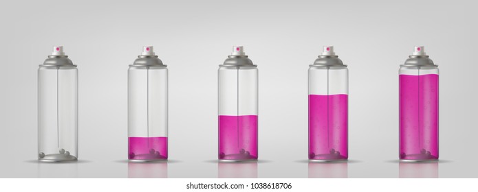 Transparent aerosol spray can with different paint loading. Vector illustration for your presentation.