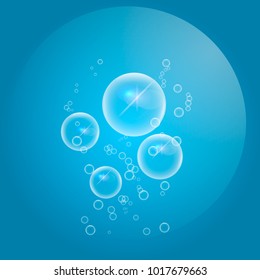 Transparent air bubbles design in blue water in bright lightwith highlights on gradient background. Vector illustration.