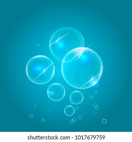Transparent air bubbles design in blue water with highlights on gradient background. Vector illustration.