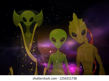 Transparent aliens in front of cosmos or martians in space. Invaders in cosmos, ufo abduction or alienate visit, humanoid mutant or monster at universe.Galaxy and mystery, roswell visitor,sci-fi theme