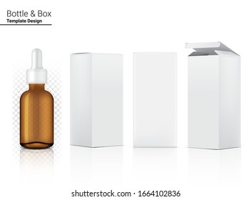 Transparent Amber Dropper Bottle Mock up Realistic Cosmetic and Box for Skincare Product or medicine on White Background Illustration. Health Care and Medical Concept Design.