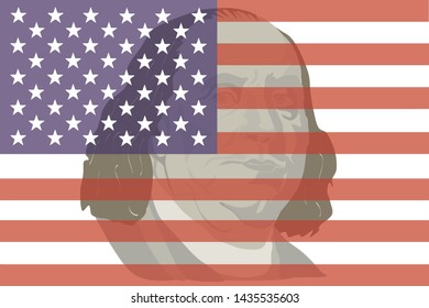 A transparent American flag and a man's head with long hair behind it.