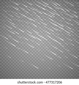 Transparent anglewise rain drops isolated on abstract background. Vector rainy drop effect
