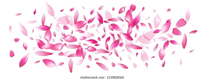 Transparent Apple Petal Vector Panoramic Background. Purple Japan Sakura Petal Banner. Lotus Petal Falling Illustration. Japanese Rose Petal Cover.