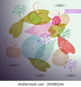 Transparent apples , leaves, twigs and text on a light  gray gradient  background.