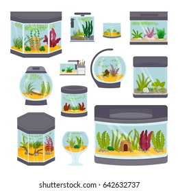 Transparent aquarium interior vector illustration isolated on white habitat house underwater fish tank bowl.
