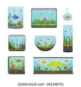 Transparent Aquarium Isolated On White Fish Habitat Aquarian House Underwater Tank Bowl Vector Illustration