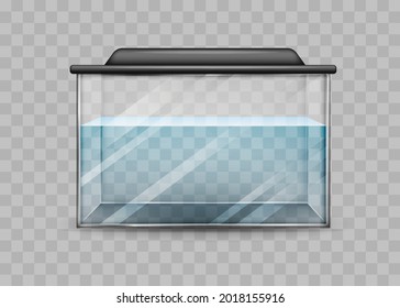 Transparent aquarium with water isolated template. Rectangular container with black backlight lid water world at home and vector office.