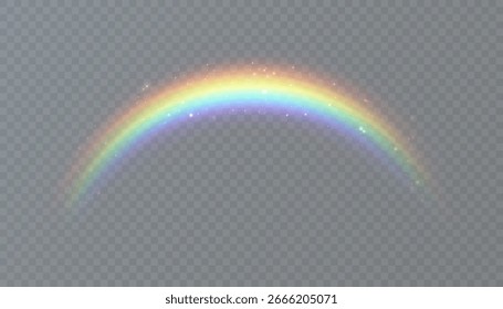 Um arco-íris de arco transparente com um brilho suave e efeito de dispersão de luz realista. Adequado para ilustrações climáticas, projetos temáticos do céu, arte digital e composições decorativas.