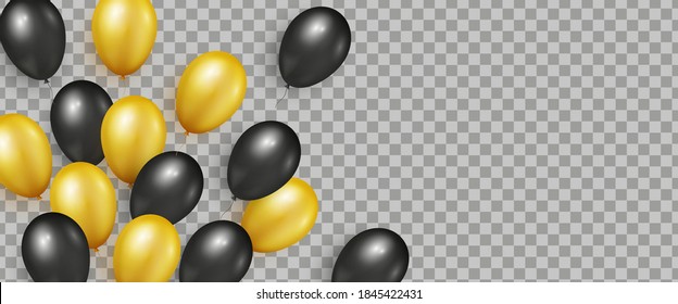 Transparent background with black and gold realistic glossy balloons for Black Friday Sale banners and flyers