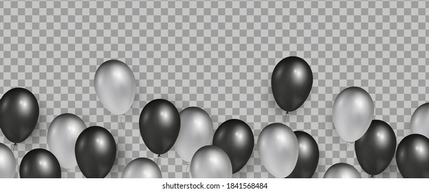 Transparent background with black and silver realistic glossy balloons for Black Friday Sale banners and flyers