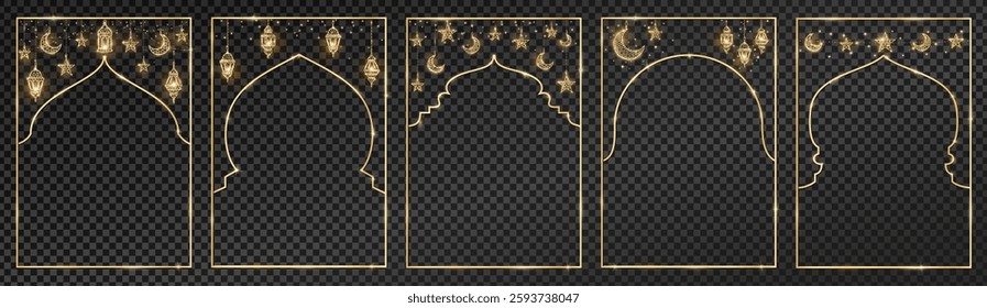 Transparent background can be removed in vector file. Ramadan or Al-Adha golden decoration. Islamic windows, mosque doors, holiday frames. Lanterns, crescent, stars. Vertical format for cards.