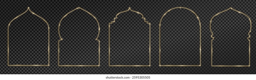 Transparent background can be removed in vector file. Islamic windows, mosque doors. Ramadan or Al-Adha golden decoration, holiday frames. Vertical format for cards or social media.