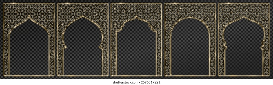 Transparent background can be removed in vector file. Islamic windows, mosque doors. Ramadan or Al-Adha golden decoration, holiday frames. Vertical format for cards or social media.