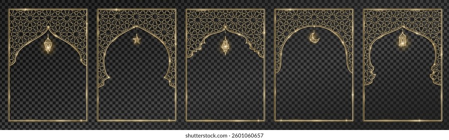Transparent background can be removed in vector file. Ramadan or Al-Adha golden decoration. Islamic windows, mosque doors, holiday frames. Lanterns, crescent, stars. Vertical format for cards.