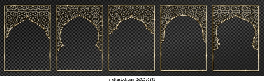 Transparent background can be removed in vector file. Islamic windows, mosque doors. Ramadan or Al-Adha golden decoration, holiday frames. Vertical format for cards or social media.