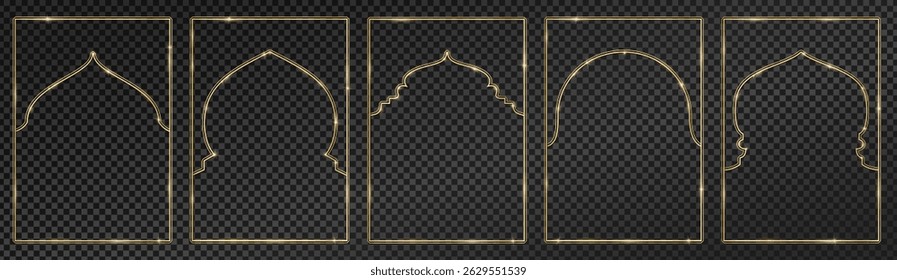 Transparent background can be removed in vector file. Islamic windows, mosque doors. Ramadan or Al-Adha golden decoration, holiday frames. Vertical format for cards or social media.