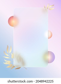 Transparent background design. Blurred balls and branches. Abstraction in pink colors. Glass morphism with blurry balls and a golden branch. Vector illustration.