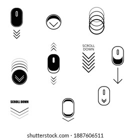 Transparent background with different outline mouse silhouette and scroll arrows. Different directions of web page moving