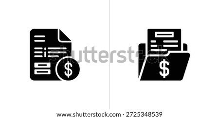 Transparent background displays finance documents, folder icons featuring dollar symbols in a solid glyph design on a white backdrop.