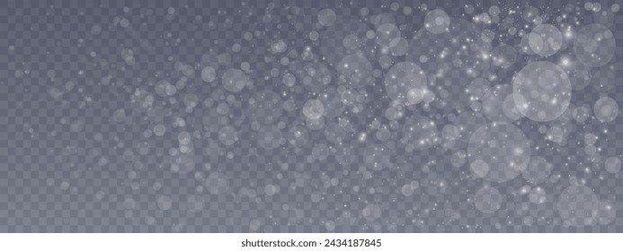 The transparent background features abstract glowing bokeh highlights, creating a light bokeh effect. The dust adds a shining effect to Christmas background, making it perfect for design illustrations