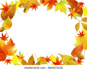 Transparent background frame colorful fallen leaves and acorns. Autumn botanical illustration of a vector with a watercolor texture.