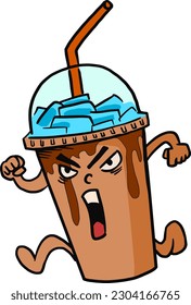 A transparent background freehand vector illustration showing an energetic coffee mug character.