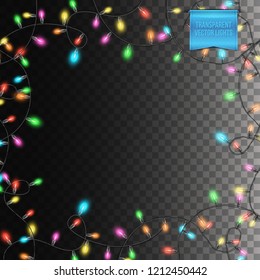 Transparent background with glowing colored festive garland frame. Vector illustration for your design needs.