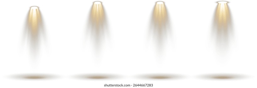 Transparent background holds layered 3D podium base. Spotlight grid shines from hidden ceiling mount. Soft lighting simulates theater-style illumination zone. Reflections create elegant studio