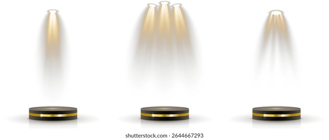 Fundo transparente mantém a base do pódio 3D em camadas. A grade de holofote brilha a partir da montagem oculta no teto. A iluminação suave simula a zona de iluminação de estilo de teatro. Reflexões criar estúdio elegante