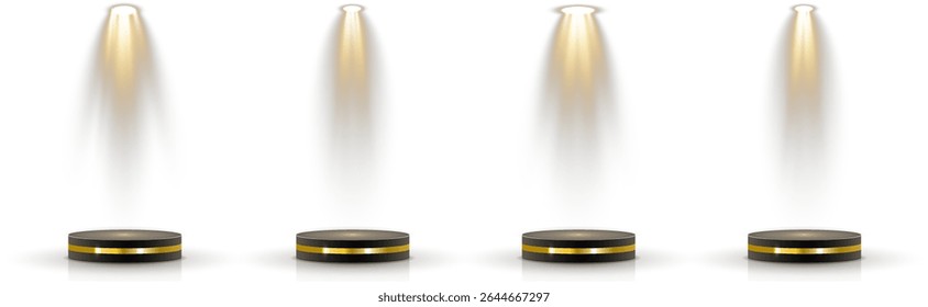 Fundo transparente mantém a base do pódio 3D em camadas. A grade de holofote brilha a partir da montagem oculta no teto. A iluminação suave simula a zona de iluminação de estilo de teatro. Reflexões criar estúdio elegante