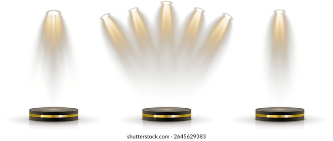 Transparent background holds layered 3D podium base. Spotlight grid shines from hidden ceiling mount. Soft lighting simulates theater-style illumination zone. Reflections create elegant studio
