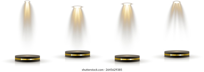 Fundo transparente mantém a base do pódio 3D em camadas. A grade de holofote brilha a partir da montagem oculta no teto. A iluminação suave simula a zona de iluminação de estilo de teatro. Reflexões criar estúdio elegante