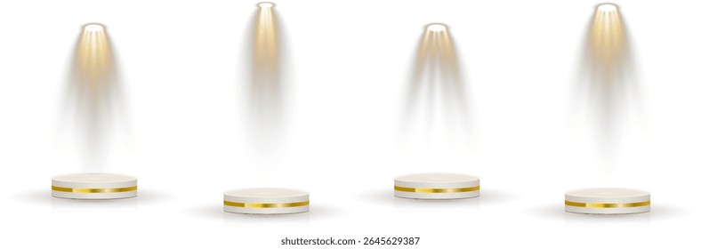 Fundo transparente mantém a base do pódio 3D em camadas. A grade de holofote brilha a partir da montagem oculta no teto. A iluminação suave simula a zona de iluminação de estilo de teatro. Reflexões criar estúdio elegante
