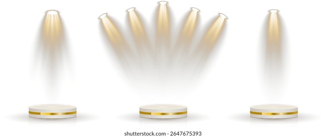 Fundo transparente mantém a base do pódio 3D em camadas. A grade de holofote brilha a partir da montagem oculta no teto. A iluminação suave simula a zona de iluminação de estilo de teatro. Reflexões criar estúdio elegante