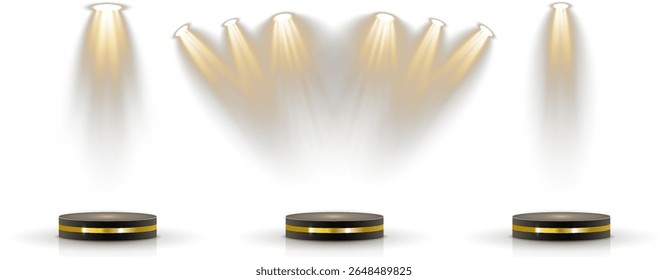 Fundo transparente mantém a base do pódio 3D em camadas. A grade de holofote brilha a partir da montagem oculta no teto. A iluminação suave simula a zona de iluminação de estilo de teatro. Reflexões criar estúdio elegante