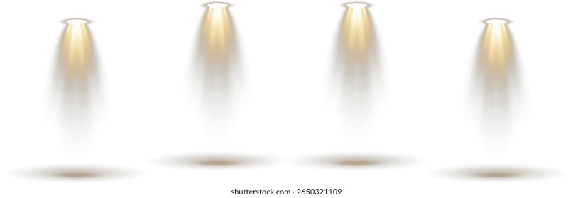 Transparent background holds layered 3D podium base. Spotlight grid shines from hidden ceiling mount. Soft lighting simulates theater-style illumination zone. Reflections create elegant studio